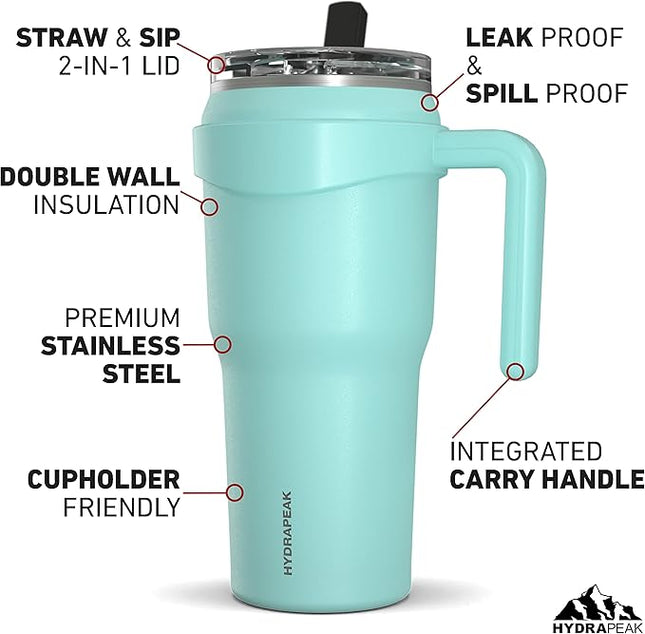 Hydrapeak Roadster 40oz Stainless Steel Tumbler Double Wall Vacuum Insulated Water Bottle With Handle And 2 in 1 Straw Lid (Aqua)