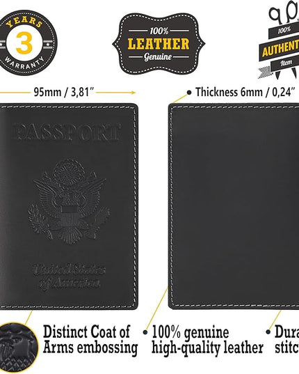 Shvigel Genuine Leather Passport Cover – Passport Holder for Men & Women – Crazy Horse Leather Travel Wallet Black