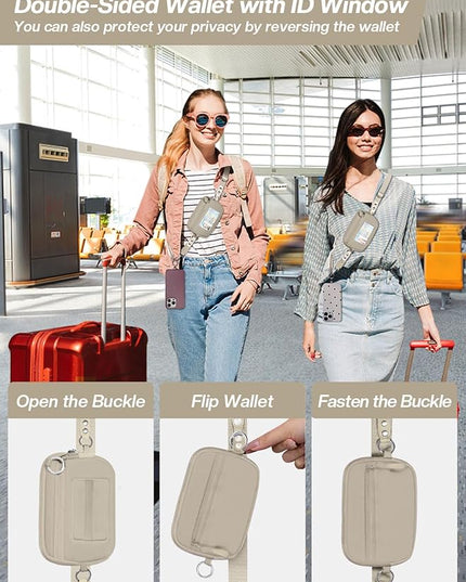 Clip and Go Strap for Phone with Wallet Crossbody Phone Lanyard Adjustable and Detachable RFID Wristlet Wallet with ID Window and Zipper, Khaki