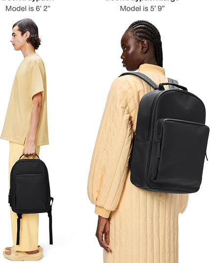 RAINS Book Daypack Large Black Laptop Backpack for Men and Women, Waterproof Black Minimalist Commuter Bag with 15”-16"