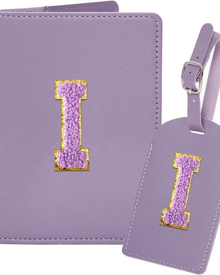 ULICO Initial Passport Cover and Luggage Tag Set,PU Leather Letter Passport Case Holder Travel Suitcase Tag, Personalized Travel Luggage Accessories Gifts for Women Kids Teenage Purple I