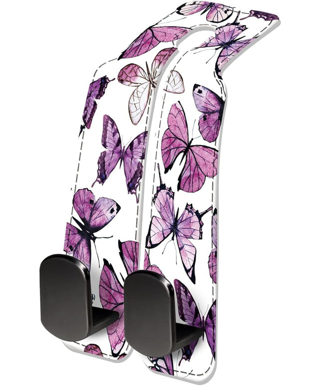 Car Seat Headrest Hook, Universal Leather Cute Hanger Holder Hook, Storage Organizer Interior Accessories for Purse Bags Handbag Luxury Purple Butterfly