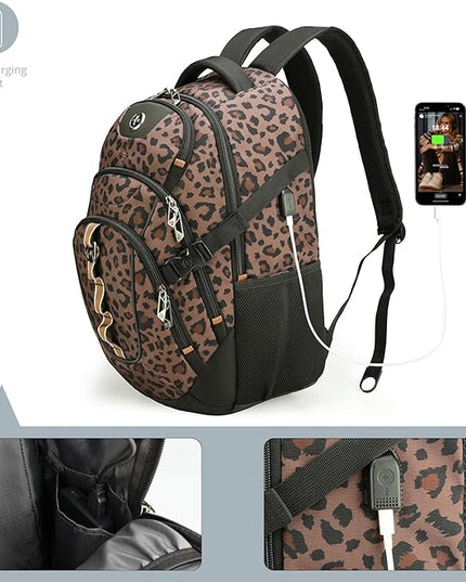 Swissdigital Laptop Backpack with USB Charging Port, Travel Backpack Fits 15.6 inches Computer, 31L Backpack for Men and Women, Brown Leopard | SD803-103