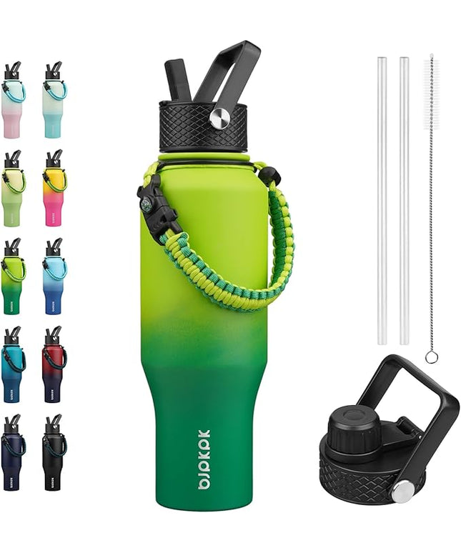 BJPKPK Insulated Water Bottles with Straw Lid, 35oz Metal Water Bottle with 2 lids & Paracord Strap, Double Wall Stainless Steel Vacuum Tumblers, Cups, Mugs, Thermo for Hot& Cold Drinks, Bamboo Grove