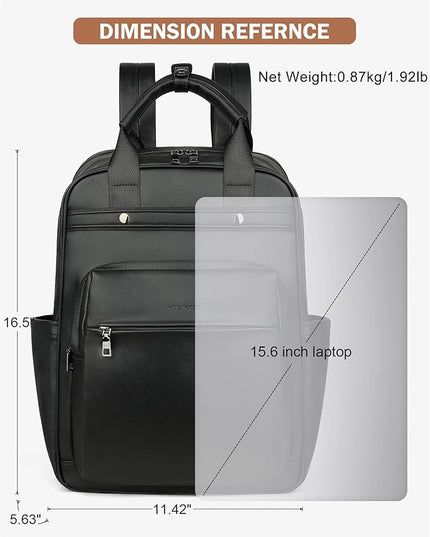 MASINTOR Leather Laptop Backpack for Women, Stylish Computer Backpack College Business Work Shoulder Bags Work and Travel Black