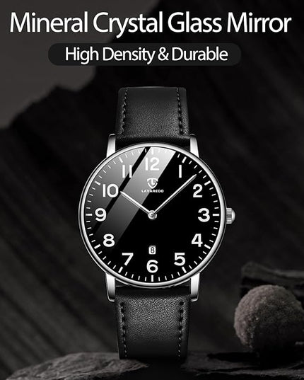 L LAVAREDO Watch for Men, Extremely Thin Mens Watches Minimalist Analog Men's Leather Wrist Watches with Time/Date, Birthday Gift for Men Boyfriend