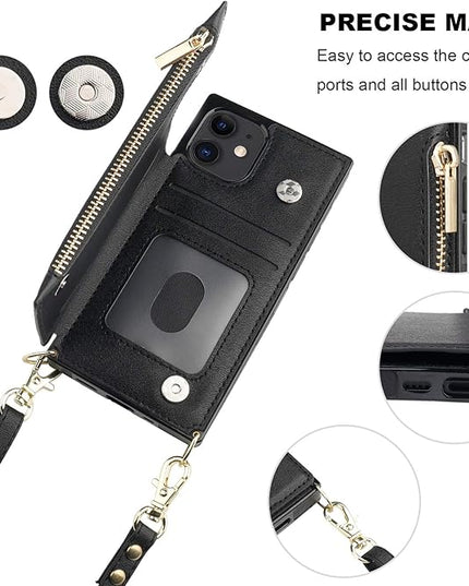 Bocasal Crossbody Wallet Case for iPhone 12 Mini with Card Holder,Zipper Card Slot Protector Shockproof Purse Cover with Removable Cross Body Strap 5.4 Inch(Black)