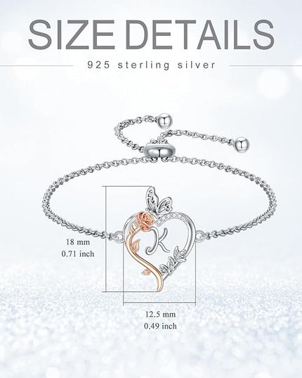 TOUPOP Gifts for Women Rose Heart Initial Bracelet 925 Sterling Silver Butterfly Letter Link Bracelet Love Jewelry Valentines Day Birthday Gifts for Her Wife Girlfriend Mom
