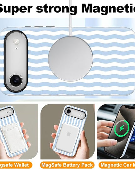 Magnetic for iPhone 17 Air Case Cute Wavy Stripes Phone Case, Shockproof Slim TPU and Hard PC Protective Phone Cover Compatible with MagSafe Designed for Women Girls, Blue