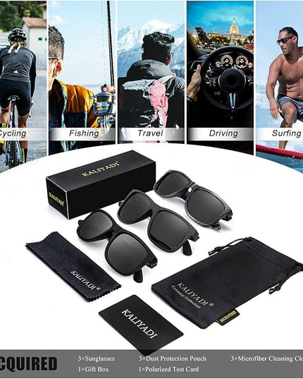KALIYADI Sunglasses Men Polarized Sun glasses for Mens Womens Classic Matte Black Frame UV Protection 3pack