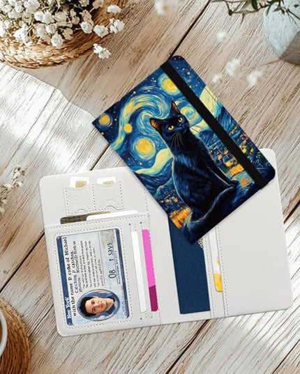 Starry Sky Passport Holder Cat Passport Cover for Travel PU Leather Passport Case with Credit Card Slots for Women Men Business Tourism