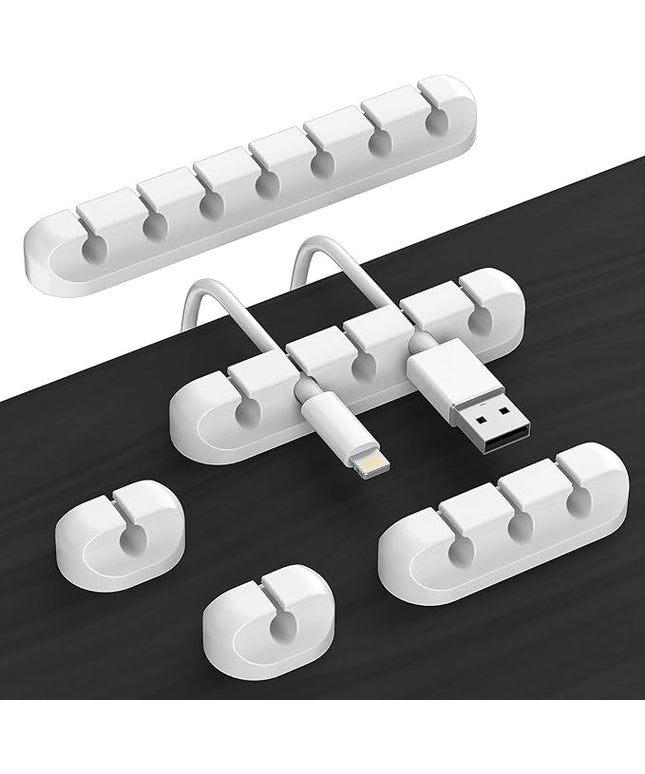 Cord Holder Cable Organizer Clips – Self Adhesive Cord Organizer for Desk, Car, Nightstands, Office, White Silicone Cord Keeper Cable Clips Wire Holders for Phone Charger Cords (7-5-3-1-1 Slots)