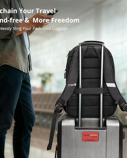 Swissdigital Design Adult Laptop Backpack, College Laptops Backpack with USB Charging Port for Men and Women Fits 16 Inch Notebook with Finder Keychain, Bluetooth Tracker, Item Locator for Keys