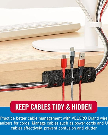 VELCRO Brand Complete Desk Cable Management Kit | 8in Mountable Cable Sleeve 2pk + 150pk Reusable Cable Ties + Desk & Nightstand Cord Organizer | Black, Damage-Free Mounting