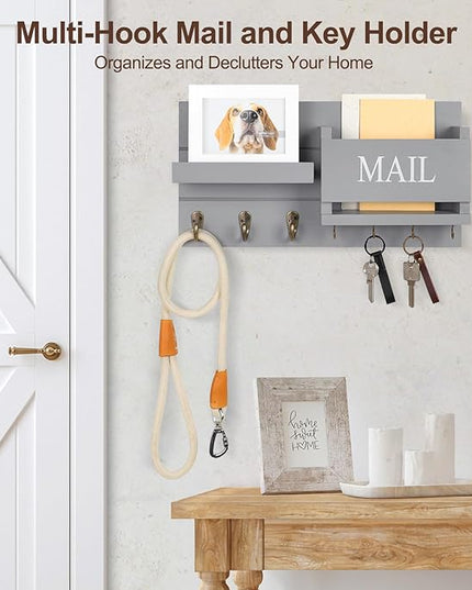 Lwenki Mail Organizer for Wall Mount – Key Holder with Shelf Includes Letter Holder and Hooks for Hallway Farmhouse Decor – Rustic Wood with Flush Mounting Hardware (16.5” x 9.1” x 3.4”) (Gray)