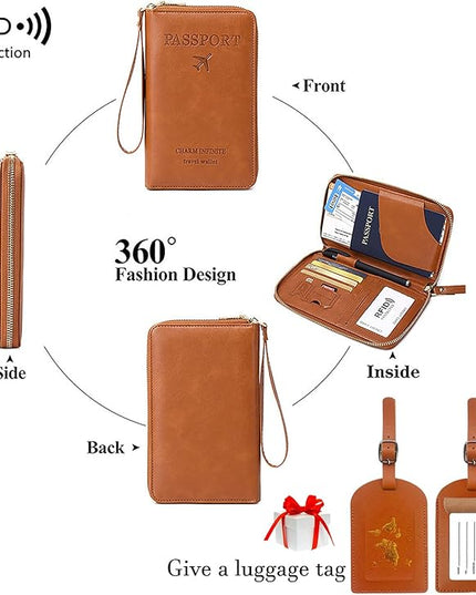 Multi-Functional RFID Passport Wallet Set, Blocking Passport Holder Travel Wallet, Holds Phones, Anti-Theft Protective Case with Multiple Card Pockets for Secure Travel Essentials (Brown)
