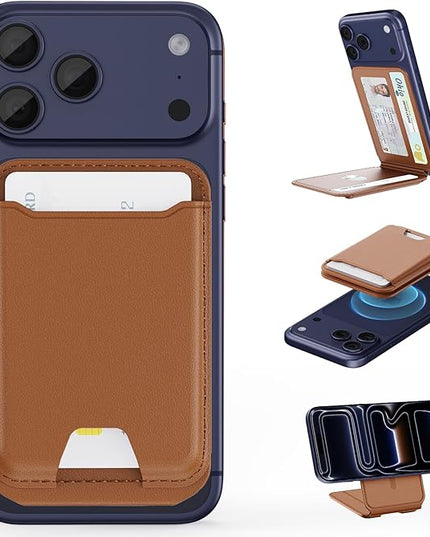 TopMade for Magsafe Wallet, Magnetic Card Holder for iPhone 17/16/15/14/13/12 Series, Strongest Magnetic Phone Wallet Stand Adjustable, 5 Cards Holder, RFID Blocking, ID Window, Vegan Leather, Brown