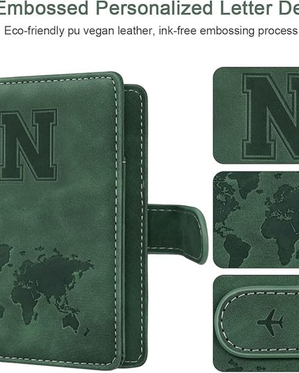 Personalized N Passport Holder Cover Initial Letter Travel Wallet RFID Blocking Passport Cover Credit Card Holder Case Passport Book Holders for Women and Men, Pine Green-N