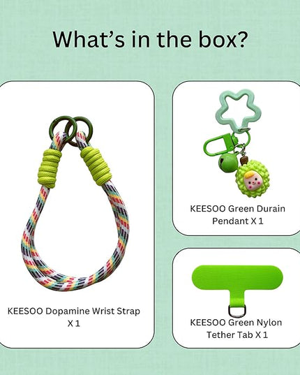 Dopamine Vibes Universal Wrist Strap - Korean-Style Short Phone Lanyard with Cute Green Durain Charm, 7mm Rope, Trendy Anti-Theft Tether for Girls, Includes Pendant & Nylon Phone Tab