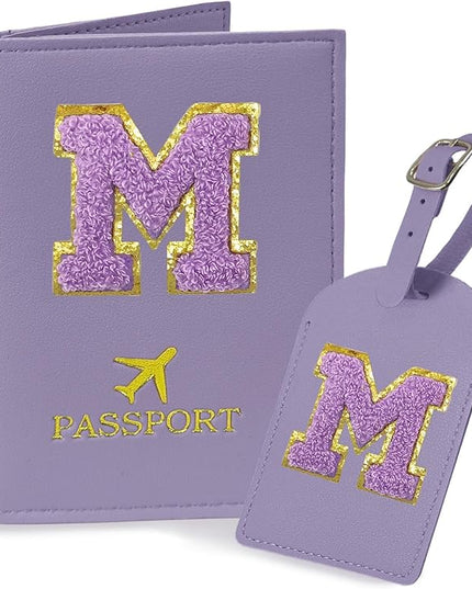 COSHAYSOO Initial Passport Cover Luggage Tag Set Letter Passport Holder Airplane Cruise Travel Essentials Vacation Traveling Accessories Personalized Gifts for Women Teen College Girls Purple M