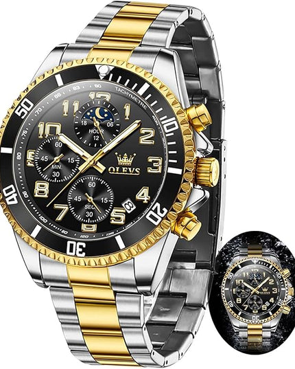 OLEVS Mens Watches Chronograph Watch Luxury Dress Stainless Steel Waterproof Watches for Men Moon Phase Luminous Business Calendar Wrist Watch Blue/Black/Green/Gold/Face