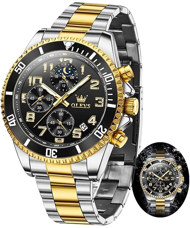 OLEVS Mens Watches Chronograph Watch Luxury Dress Stainless Steel Waterproof Watches for Men Moon Phase Luminous Business Calendar Wrist Watch Blue/Black/Green/Gold/Face