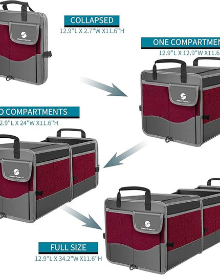 Trunk Organizer with Cooler, Collapsible Trunk Storage Container with Non Slip Bottom Strips, Large Multi-Compartment Waterproof Car Trunk Organizer Groceries for Vehicle Sedan, SUV, Van(Wine Red)