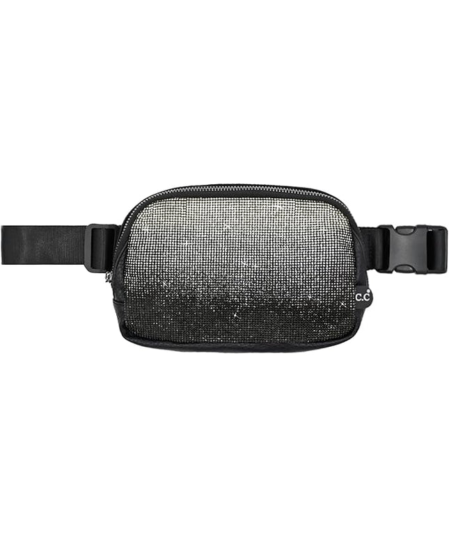 C.C Ombre Rhinestone Fanny Pack – Glitter Crossbody Waist Bag with Adjustable Strap, Multi Color (Ombre Rhinestone - black)
