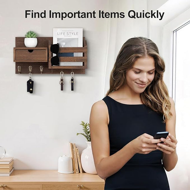 Lwenki Wall Mount Key Holder with Mail Organizer, 100% Paulownia Wood, 7 Metal Hooks, Storage Drawer, Entryway Home Decor (Brown)