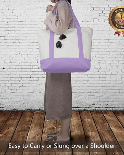 TOPDesign 6-Pack Canvas Tote Bags with an External Pocket, Reusable Grocery Shopping Bags, Top Zipper Closure, Daily Essentials (Lavender/Natural)