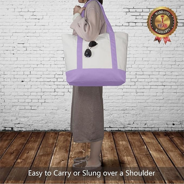 TOPDesign 1-Pack Canvas Tote Bag with an External Pocket, Reusable Grocery Shopping Bag, Top Zipper Closure, Daily Essentials (Lavender/Natural)