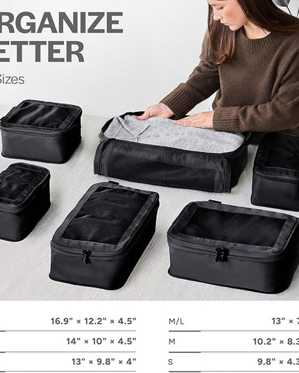 Aerotrunk Compression Packing Cubes for Travel - Luggage Organizer Bags - Double Zipper Packing Cubes for Suitcases (6-Pack, Black)