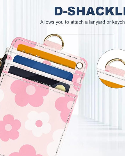 Slim Wallet Credit Card Holder, Pink Daisy, RFID Wallet Women Cute Small Front Pocket Wallet With Zipper, PU Leather Thin travel RFID Blocking Card Case ID Window,Ladies Gifts