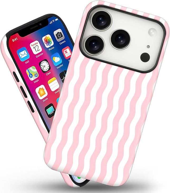 Magnetic for iPhone 17 Pro Case Cute Wavy Stripes Phone Case, Shockproof Slim TPU and Hard PC Protective Phone Cover Compatible with MagSafe Designed for Women Girls, Pink