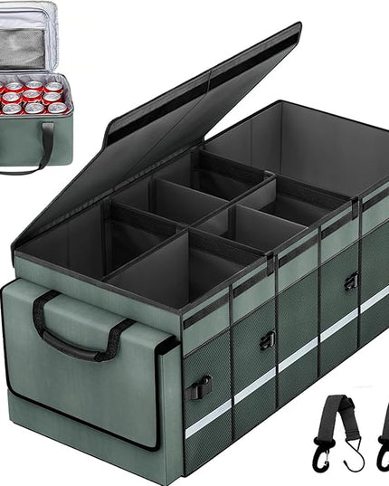 Car Trunk Organizer and Storage with Removable Leakproof Cooler Bag, 6 Removable Dividers for Custom Space, Collapsible Trunk Storage with Non Slip Bottom, Foldable Cover for SUV, Jeep, MPVs