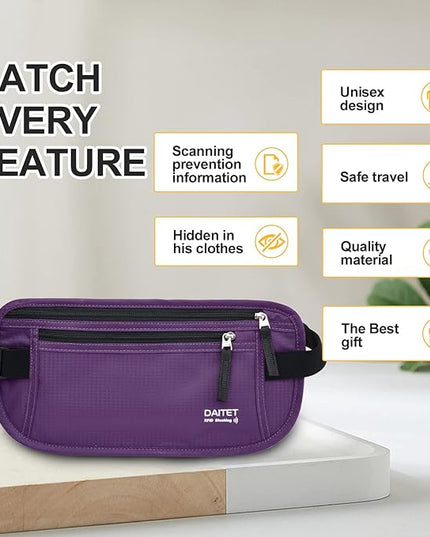 RFID Blocking Money Belt for Men Women, Slim Fanny Pack For Travel，Running,Conceal Waist Wallet For Passport Holder,Phone,Cash(Dark Purple), Dark Purple, Rfid Blocking & Belt Wide:1inch
