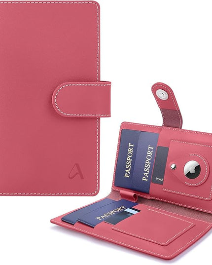 ALLIVE passport holder for travel family of 4, RFID Blocking Passport Wallet Document Organizer for Women & Men, Genuine Leather Cover with AirTag holder, Airport Essentials, Travel Gift (Rose Pink)