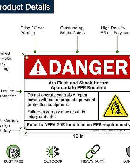 Danger Arc Flash And Shock Hazard Appropriate PPE Required Sign, 10x7 Inches, 55 mil thick HDPS (high density polystyrene), Made in USA by My Sign Center