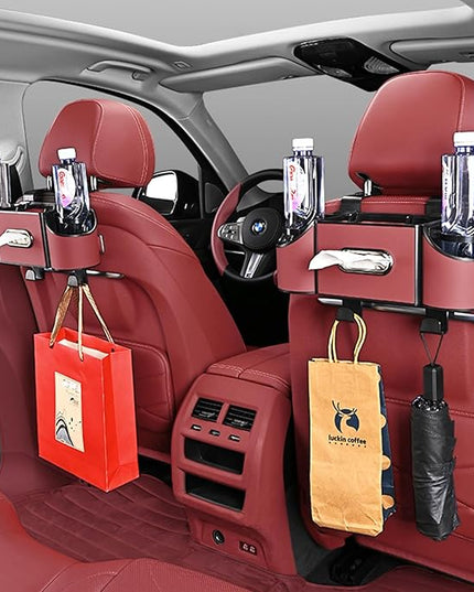 Back Seat Car Organizer,4 in 1 Multifunctional Car Back Seat Storage Box with Drink Cup Holder Tissue Box, for Hold Phone,Snacks, Drinks, Handbag-Red