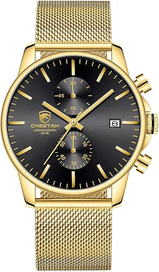GOLDEN HOUR Mens Watch Fashion Sleek Minimalist Quartz Analog Mesh Stainless Steel Waterproof Chronograph Watches for Men with Auto Date