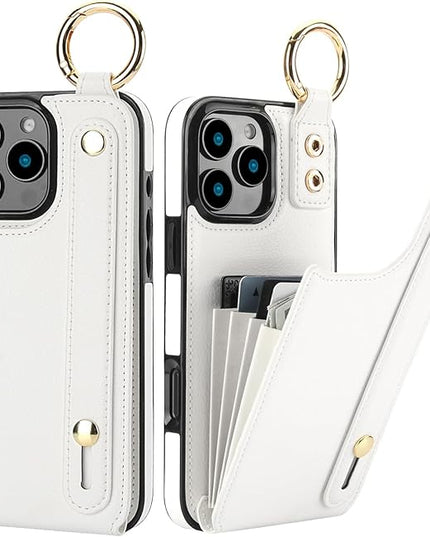 Folosu for iPhone 16 Pro Max Wallet Case with Card Holder, Hand Wrist Strap Loop Holder Kickstand, RFID Blocking Finger Grip Ring PU Leather Double Buttons Shockproof Cover 6.9" White