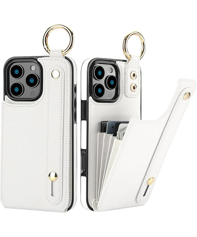 Folosu for iPhone 16 Pro Max Wallet Case with Card Holder, Hand Wrist Strap Loop Holder Kickstand, RFID Blocking Finger Grip Ring PU Leather Double Buttons Shockproof Cover 6.9" White