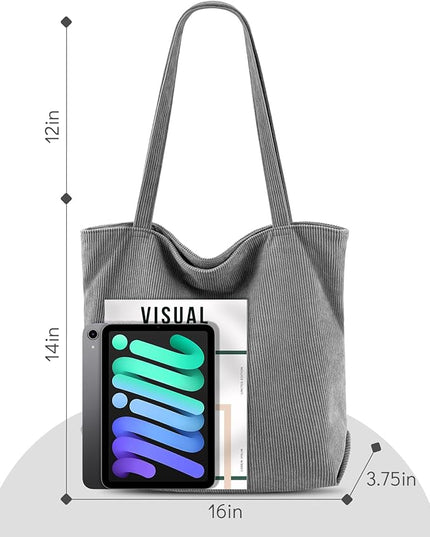 Iioscre Corduroy Tote Bag for Women,Hobo HandBags with Zipper,Large Capacity Casual Shoulder Handbags with Inner Pockets