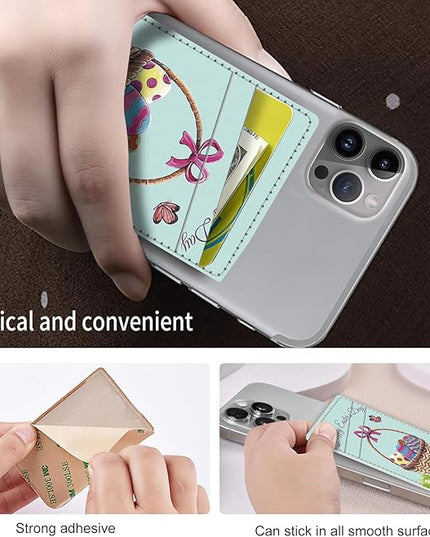 Phone Card Holder, Dual Pocket Leather Wallet Adhesive Stick On, Cute Credit Card Holder for Smartphones Case Compatible with Most Phone（Colored eggs）