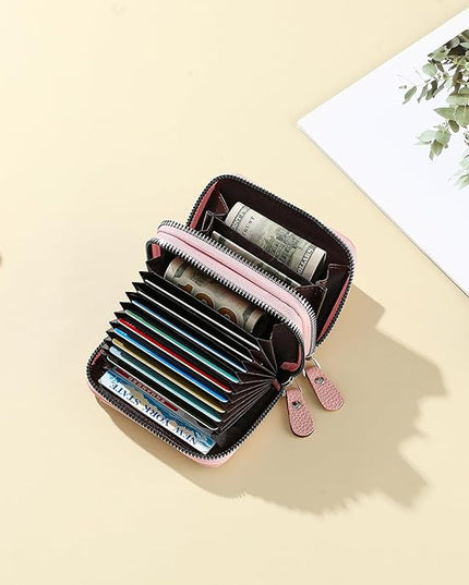 RNIEGA Credit Card Holder Wallet RFID Blocking Leather Small Wallet for Women Double Zipper Wallet with ID Window