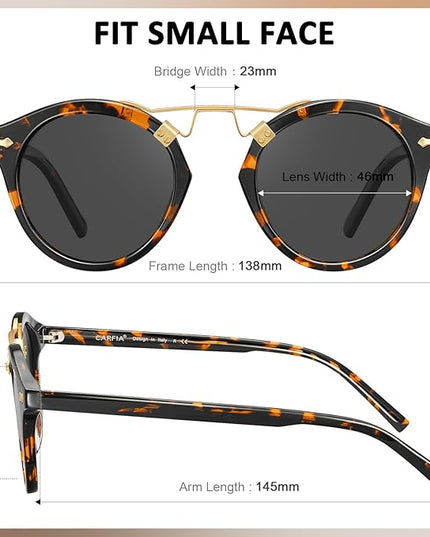 CARFIA Small Face Acetate Polarized Sunglasses for Women UV Protection, Retro Double Bridge Eyewears Metal Brow Round Sunnies