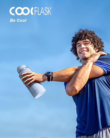 Water Bottle 32 oz Insulated with Straw, Coolflask Stainless Steel Metal 3 Lids Water Flask Wide Mouth for Sports or Office, Non-BPA Keep Cold Up to 48 Hrs or Hot Up to 24 Hrs, Light Blue
