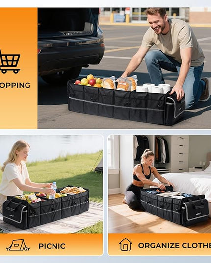 HIRALIY 4 in 1 Car Trunk Storage Organizer with Leakproof Cooler Bag, Made of 1680D Oxford and PP board, Multi-Compartment Foldable Trunk Storage Box for Car Truck SUV