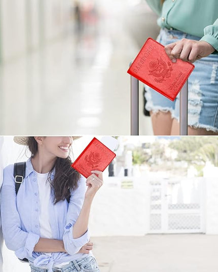 Eoehro Passport and Vaccine Card Holder Combo, Faux Leather, Compact, Lightweight, Waterproof, Red