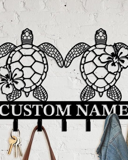 Casebrick Custom Sea Turtle Metal Wall Hooks,Key Holder-Personalized Iron Wall Decor for Keys, Coats & Home Organization (Black, Handmade,Decorative for Entryway, Beach,Bedroom,Office) (Style D)